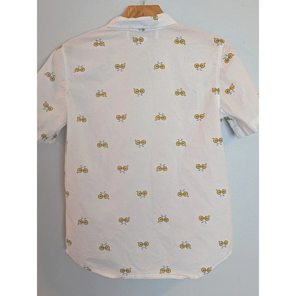 Old Navy Boys White Pizza Bicycle Print Short Sleeve Button Down Shirt L 10-12‎